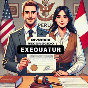 Pareja de abogados sosteniendo un documento de exequatur de divorcio reconocido en Perú, con banderas de EE. UU. y Perú al fondo.