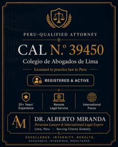 Dr. Alberto Miranda, abogado peruano colegiado CAL N.º 39450, en una tarjeta profesional del Colegio de Abogados de Lima.