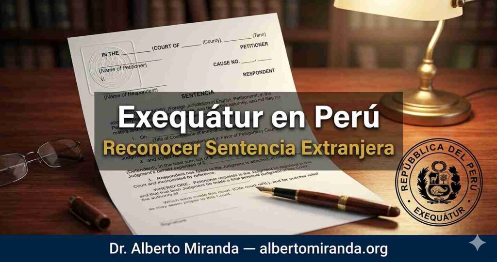 Documento de sentencia extranjera con apostilla sobre escritorio en Lima — Dr. Alberto Miranda, abogado especializado en exequátur en Perú desde el extranjero
