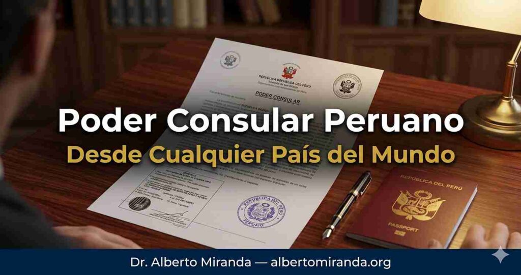 Documento de poder consular peruano con sello apostille sobre escritorio — Dr. Alberto Miranda, abogado especializado en poderes consulares para peruanos en el extranjero