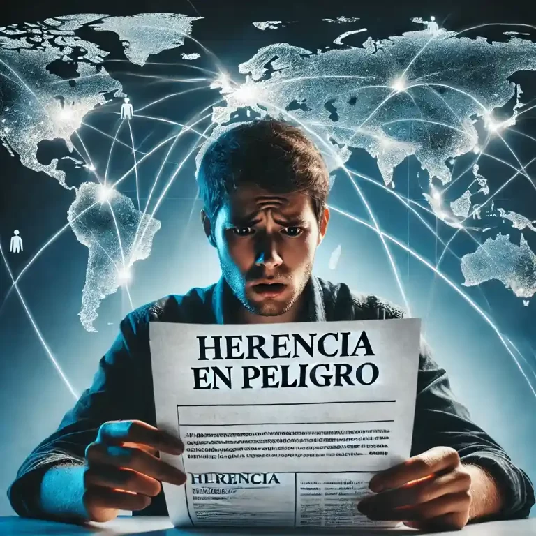 Persona preocupada revisando documentos de herencia en riesgo, con conexión global a Perú.