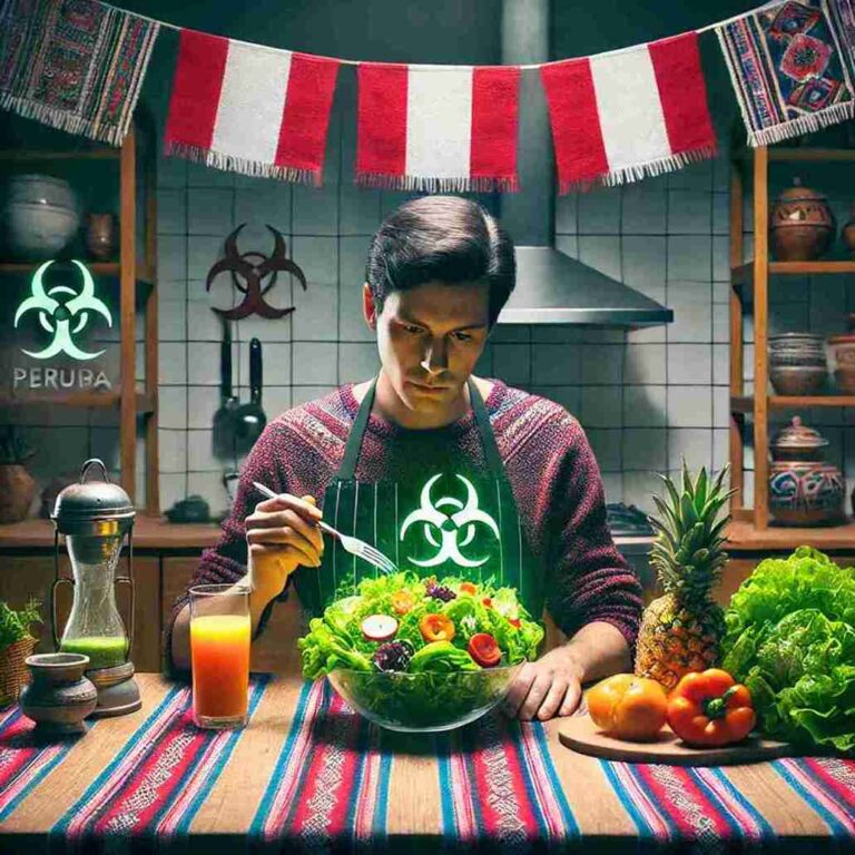 Hombre comiendo ensalada con símbolos de peligro, representando la presencia de pesticidas en alimentos en Perú.