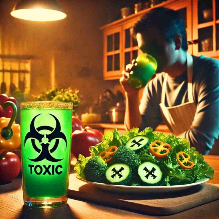 Hombre bebiendo de un vaso con símbolo de peligro, alertando sobre la posible presencia de pesticidas en vegetales de consumo local.