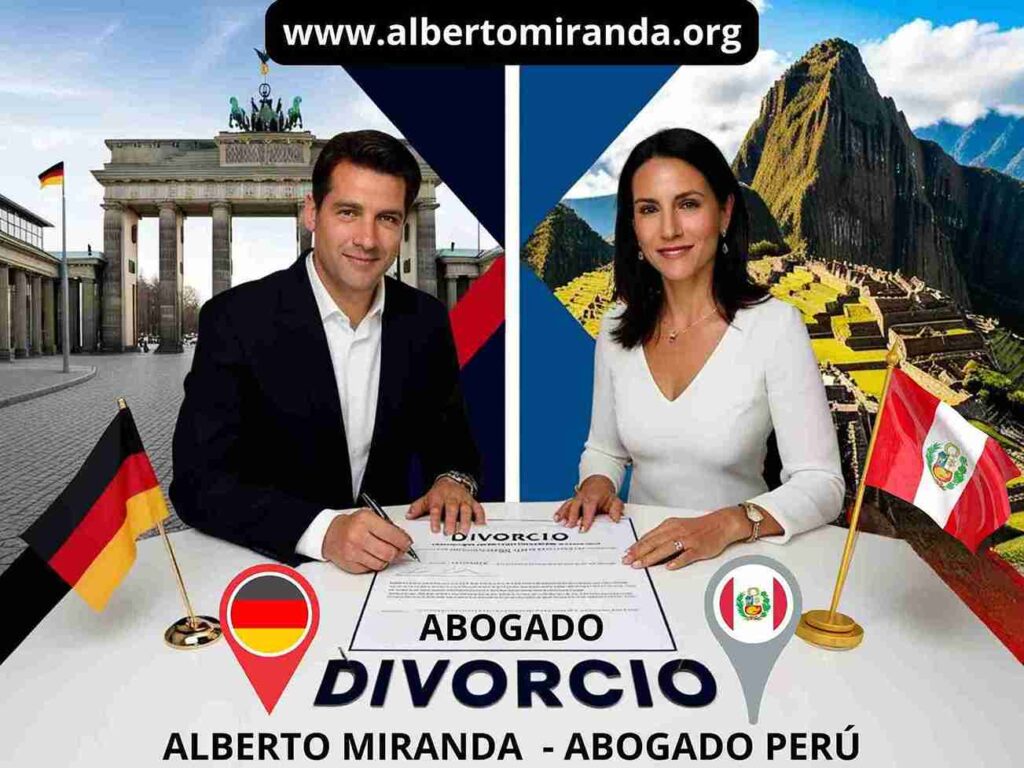 Hombre en Alemania y mujer en Perú firmando un documento de divorcio rápido en Perú por mutuo acuerdo, gestionado por Alberto Miranda, abogado especializado.