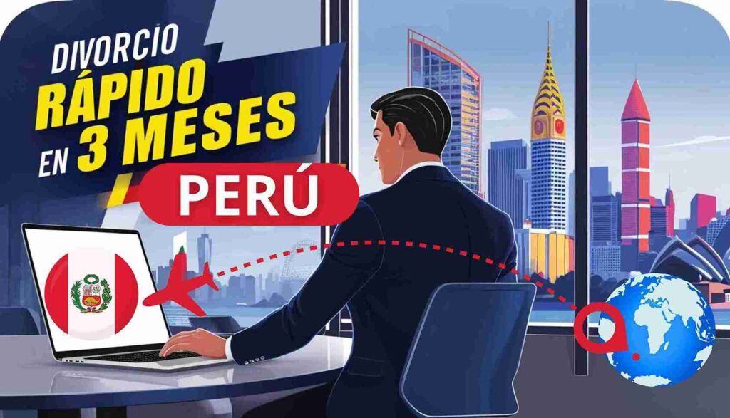 Hombre gestionando un divorcio rápido en 3 meses desde el extranjero con laptop, iconos de Perú y un avión representando conectividad global.