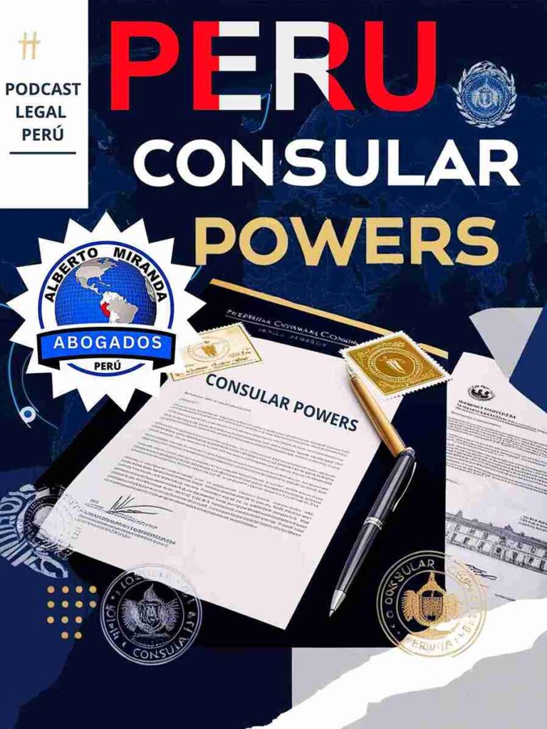 Documentos de poder consular en Perú con sellos oficiales, un bolígrafo elegante y representación de trámites internacionales.