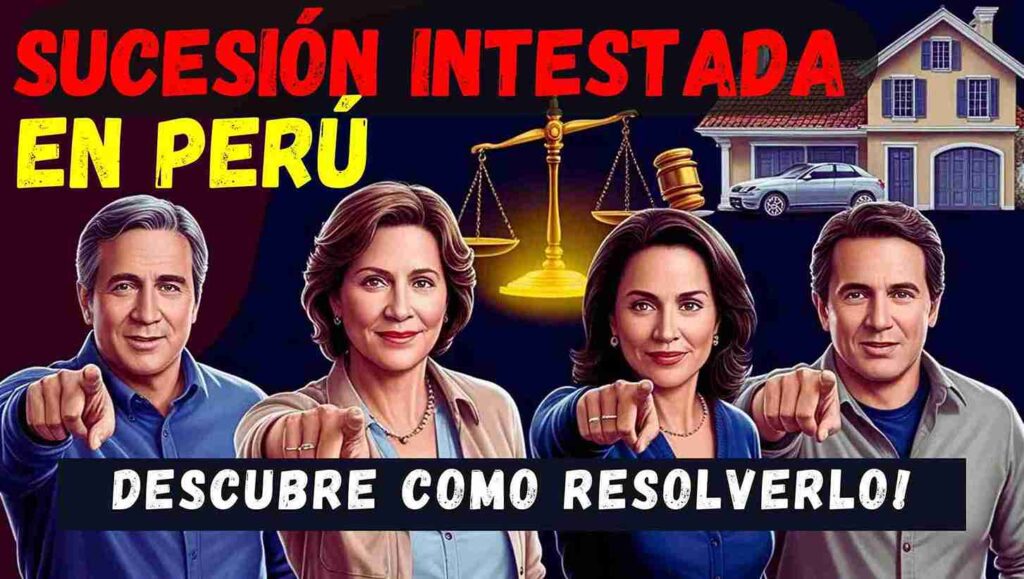 Podcast Personas señalando hacia el espectador con el mensaje 'Sucesión Intestada en Perú - Descubre cómo resolverlo'. Imagen representativa de la sucesión intestada con la balanza de la justicia, casa y vehículo como bienes heredados.