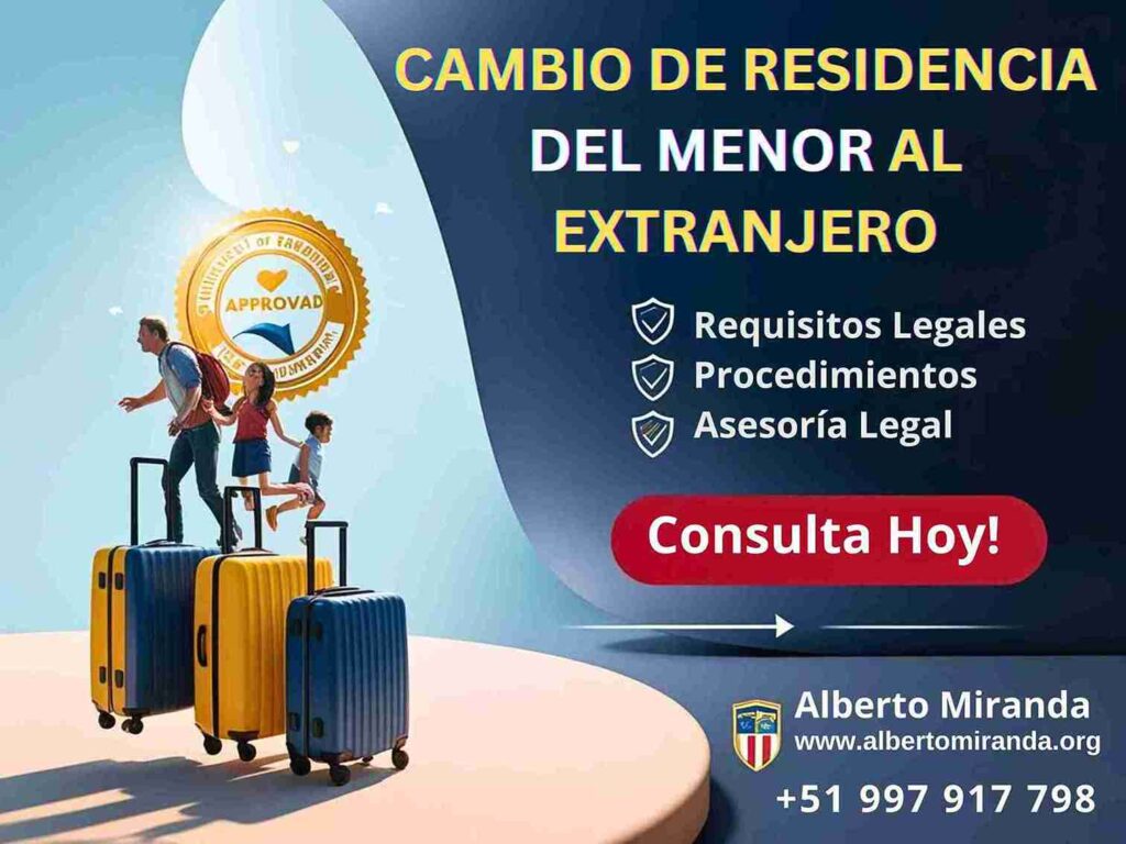 Familia con maletas listas para viajar al extranjero, promoviendo servicios legales para cambio de residencia de menores.