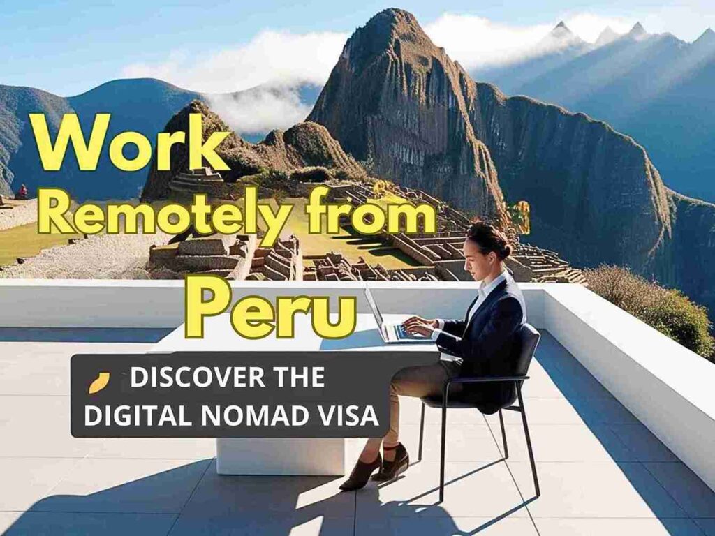 Persona trabajando desde una terraza con laptop y vista a Machu Picchu. Promoción de la Visa para Nómadas Digitales en Perú con Alberto Miranda