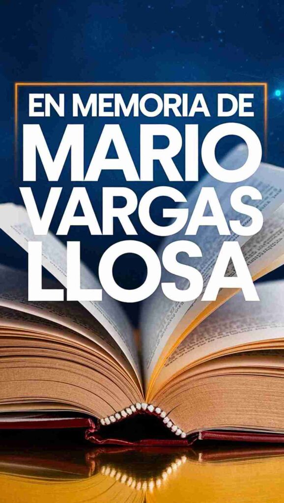 Libro abierto con texto 'En memoria de Mario Vargas Llosa', como homenaje al legado literario del autor peruano