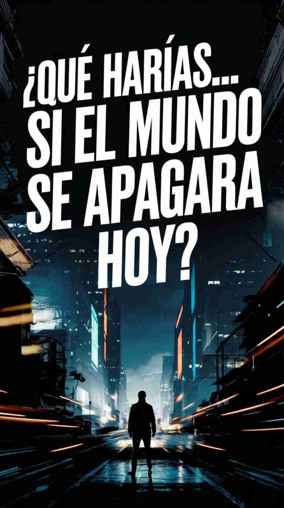 Mensaje ¿Qué harías si el mundo se apagara hoy? con figura humana solitaria en una ciudad oscura, imagen conceptual sobre apagón global