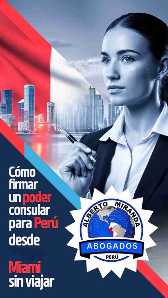 Mujer en traje formal con fondo de ciudad y bandera del Perú, representando cómo firmar un poder consular desde Miami sin viajar