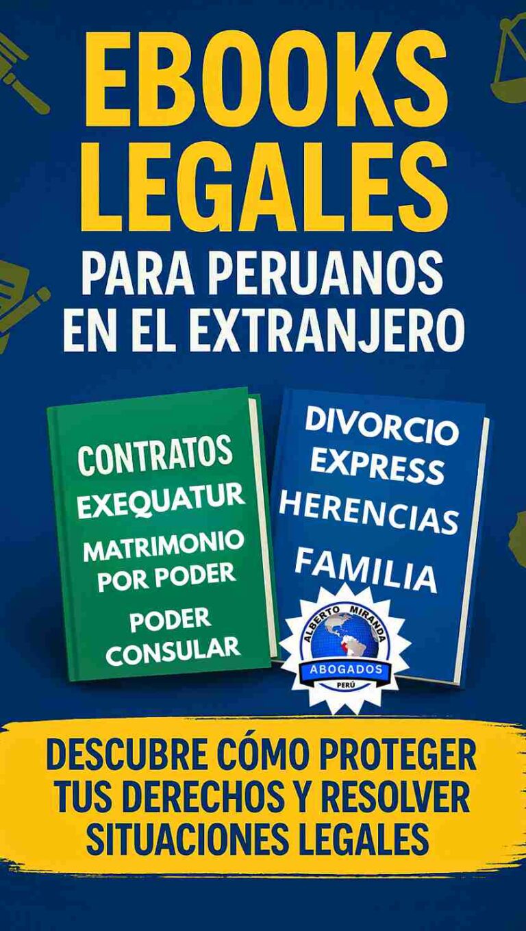 Diseño con portadas de ebooks legales para peruanos en el extranjero que cubren temas como divorcio, herencias, contratos, poderes y familia.