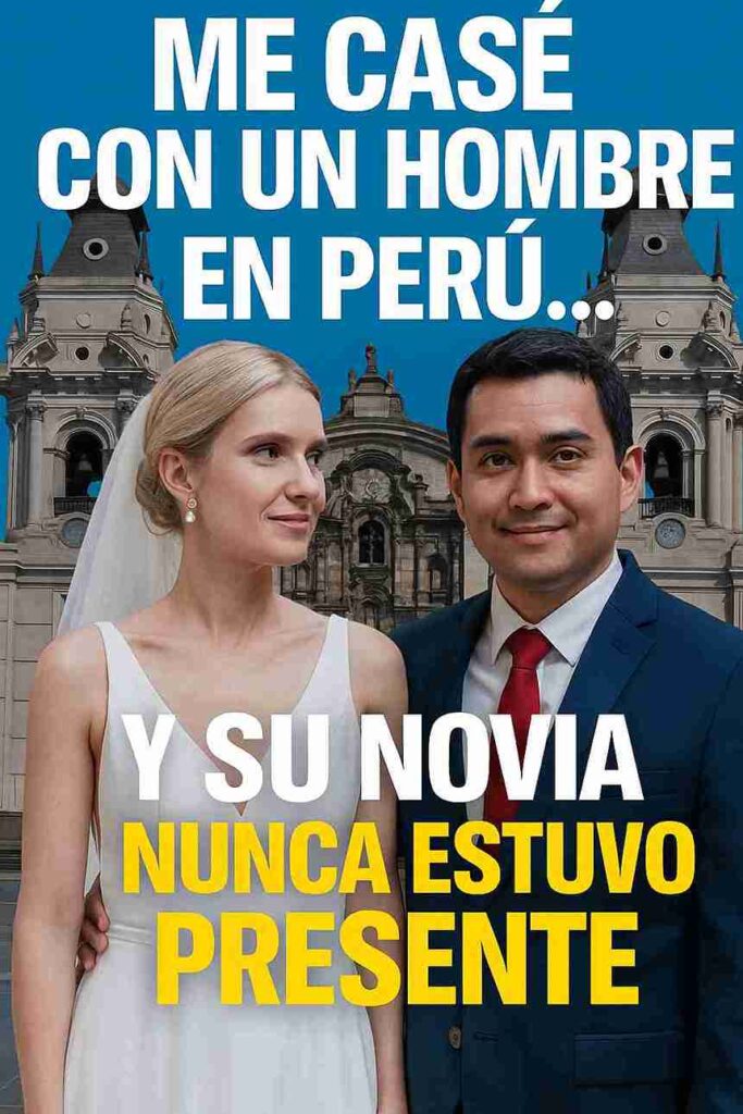 matrimonio legal en perú desde el extranjero. Hombre peruano firmando matrimonio en Lima mientras una mujer extranjera (novia rusa) no está presente físicamente. Imagen dividida representa el matrimonio por poder legal internacional.