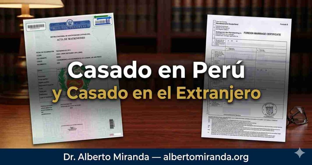 Dos actas de matrimonio superpuestas representando la situación de bigamia en Perú — Dr. Alberto Miranda, abogado especializado en divorcio notarial remoto desde Lima