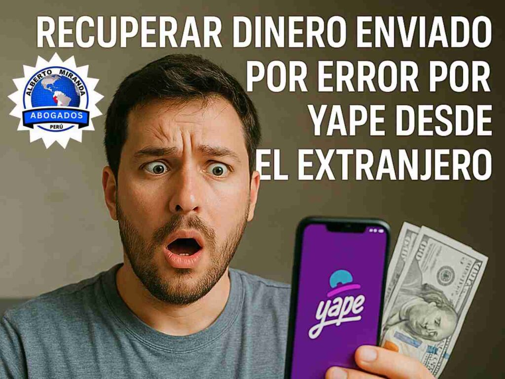 Hombre con expresión de sorpresa mirando su celular con la app Yape abierta y billetes de dólar en la mano, simbolizando el problema de recuperar dinero enviado por error por Yape desde el extranjero.