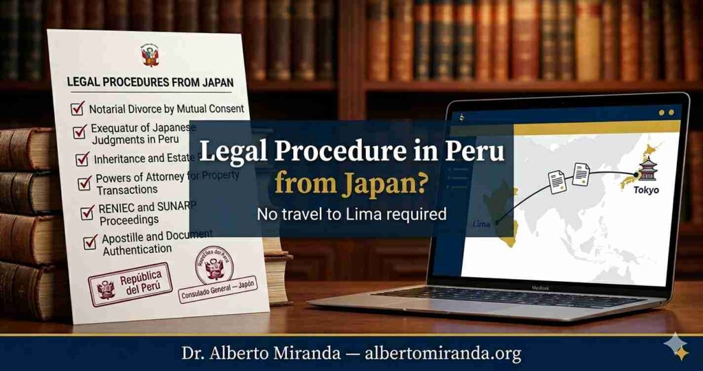 Checklist of legal procedures in Peru with visual connection between Japan and Lima — Dr. Alberto Miranda, Peruvian attorney specializing in remote management from Japan