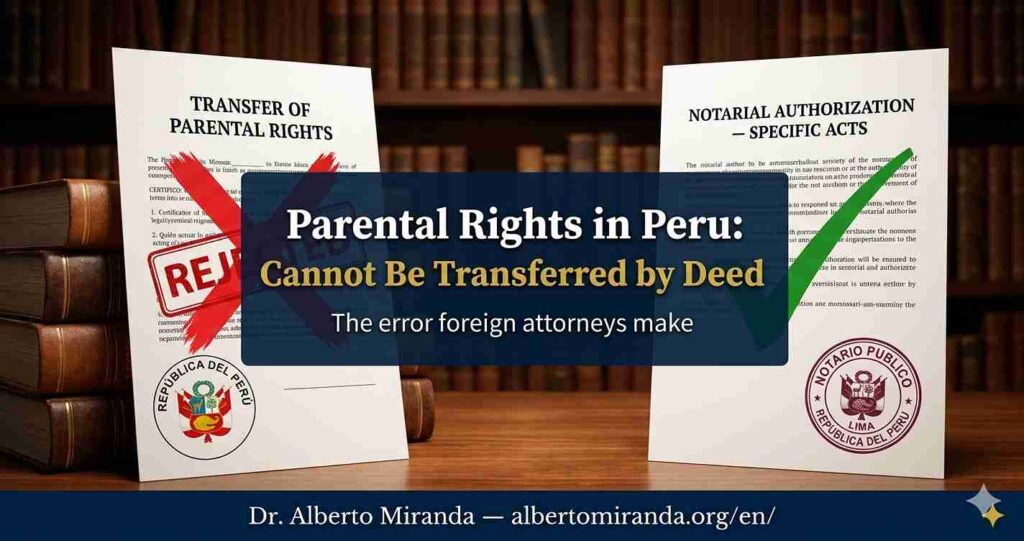 Peruvian legal document with notarial seal and rejection mark — Dr. Alberto Miranda, attorney specializing in international civil law and cases involving minors in Peru