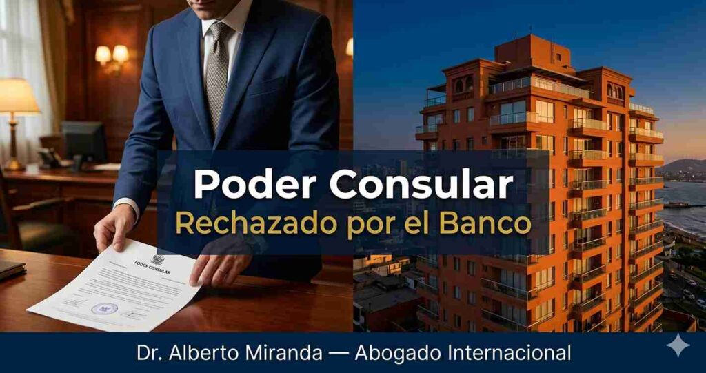 Funcionario bancario en Perú revisando un poder consular apostillado que fue rechazado por falta de facultades específicas para hipoteca y SUNARP — Dr. Alberto Miranda, abogado para peruanos en el extranjero