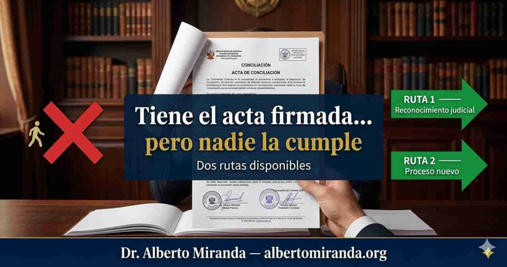 Acta de conciliación peruana firmada sobre mesa con símbolo de incumplimiento y dos flechas verdes indicando rutas de ejecución internacional — Dr. Alberto Miranda, abogado especializado en ejecución de acuerdos de familia internacionales