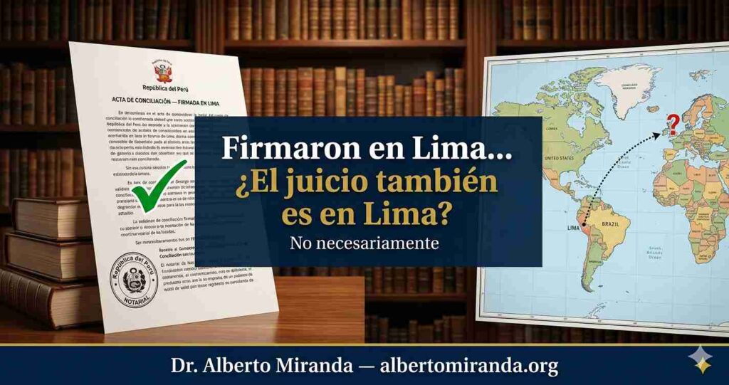 Acta de conciliación peruana con flecha apuntando a destino extranjero en mapa mundial — Dr. Alberto Miranda, abogado especializado en ejecución de acuerdos de familia con elementos internacionales