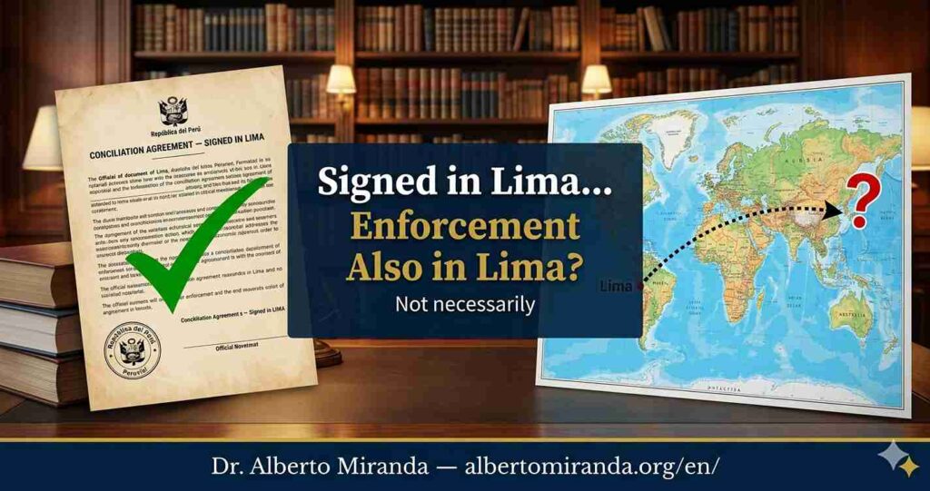 Peruvian conciliation agreement with arrow pointing to foreign destination on world map — Dr. Alberto Miranda, attorney specializing in enforcement of family agreements with international elements