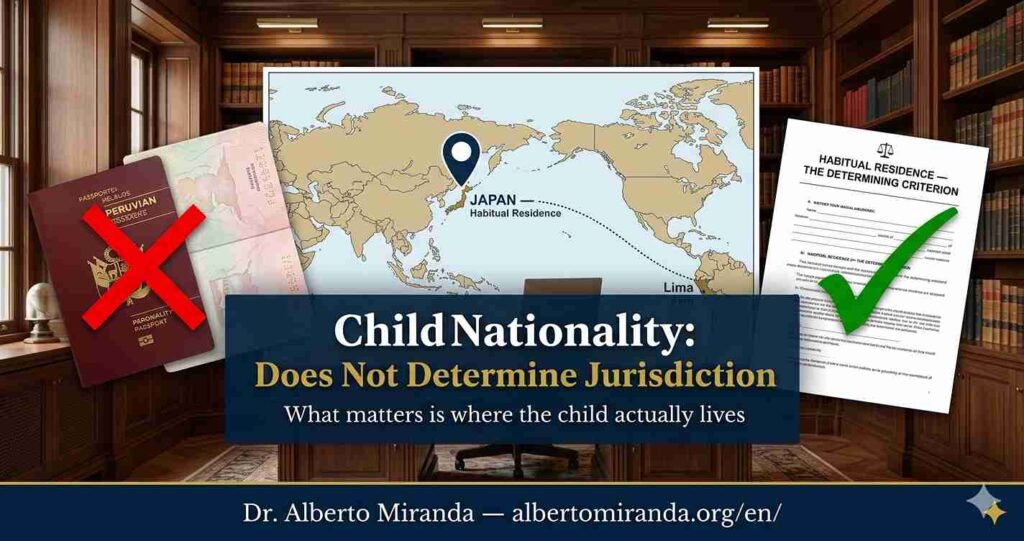 World map with habitual residence marker over Japan next to Peruvian passport with error signal — Dr. Alberto Miranda, Peruvian attorney specializing in international family law