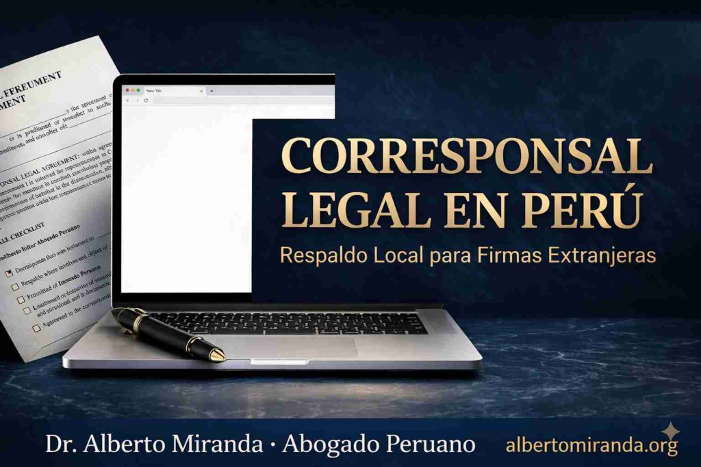 Corresponsal legal en Perú para firmas extranjeras, con laptop, documento legal y pluma sobre fondo azul institucional.