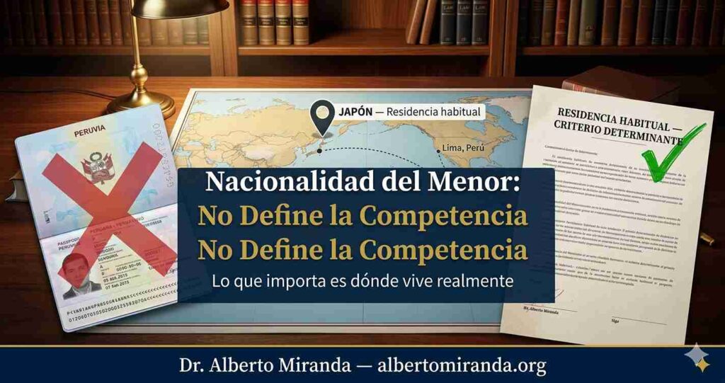 Mapa mundial con marcador de residencia habitual sobre Japón junto a pasaporte peruano con señal de error — Dr. Alberto Miranda, abogado peruano especializado en derecho internacional de familia