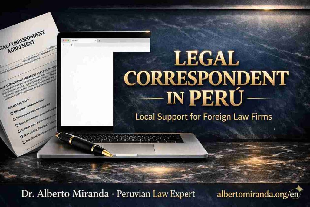Peruvian legal correspondent for foreign law firms, with laptop, legal document and pen on a dark blue background.