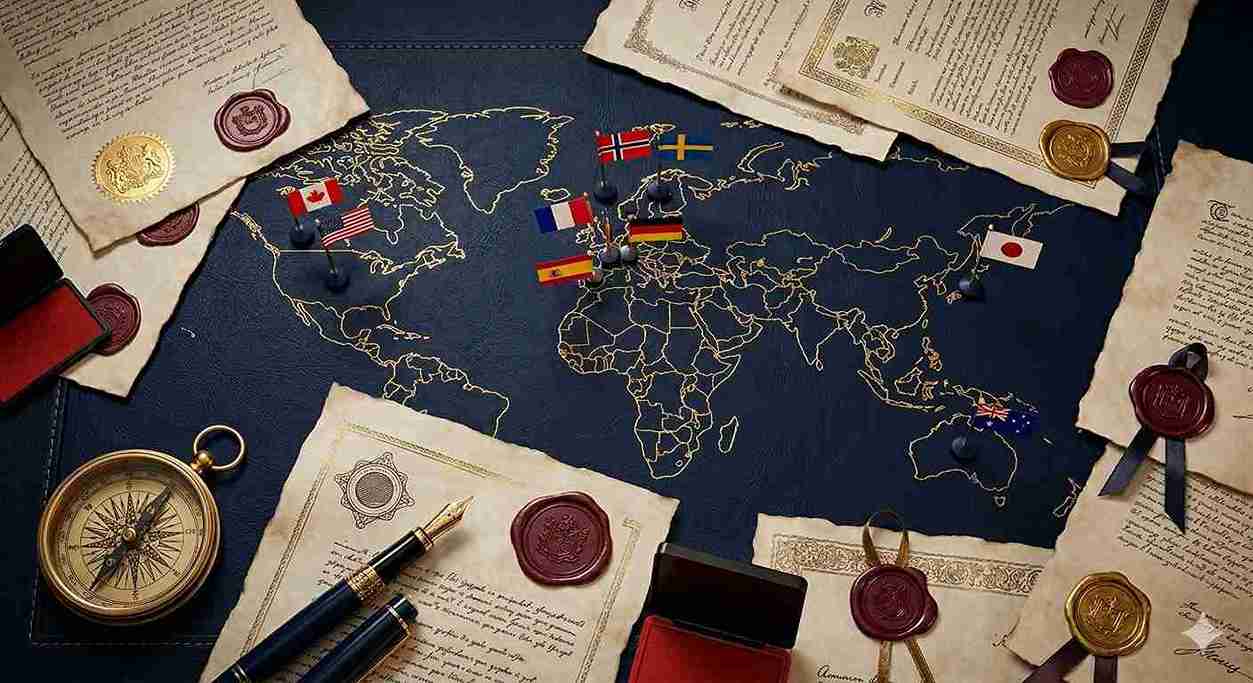 Peruvian lawyer international clients — apostille documents and world map — Dr. Alberto Miranda, Lima, Peru