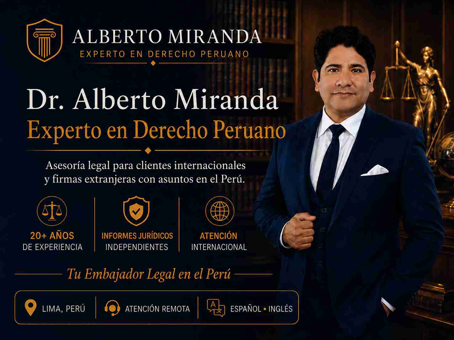 Retrato profesional del Dr. Alberto Miranda, abogado experto en derecho peruano para clientes internacionales y firmas extranjeras.