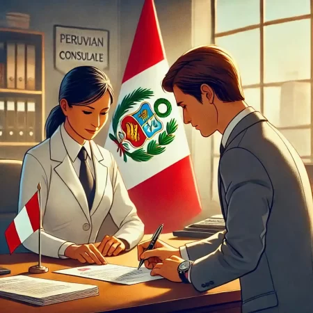 Un ciudadano peruano firma su testamento público en el consulado peruano en el extranjero, guiado por un funcionario consular.